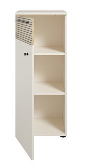 Aktenschrank mit offenem Schloss, drei Regalfächer und seitlicher Perspektive