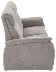 Seitenansicht eines grauen 2,5-Sitzer Sofas mit weicher Polsterung und abgerundeten Armlehnen.