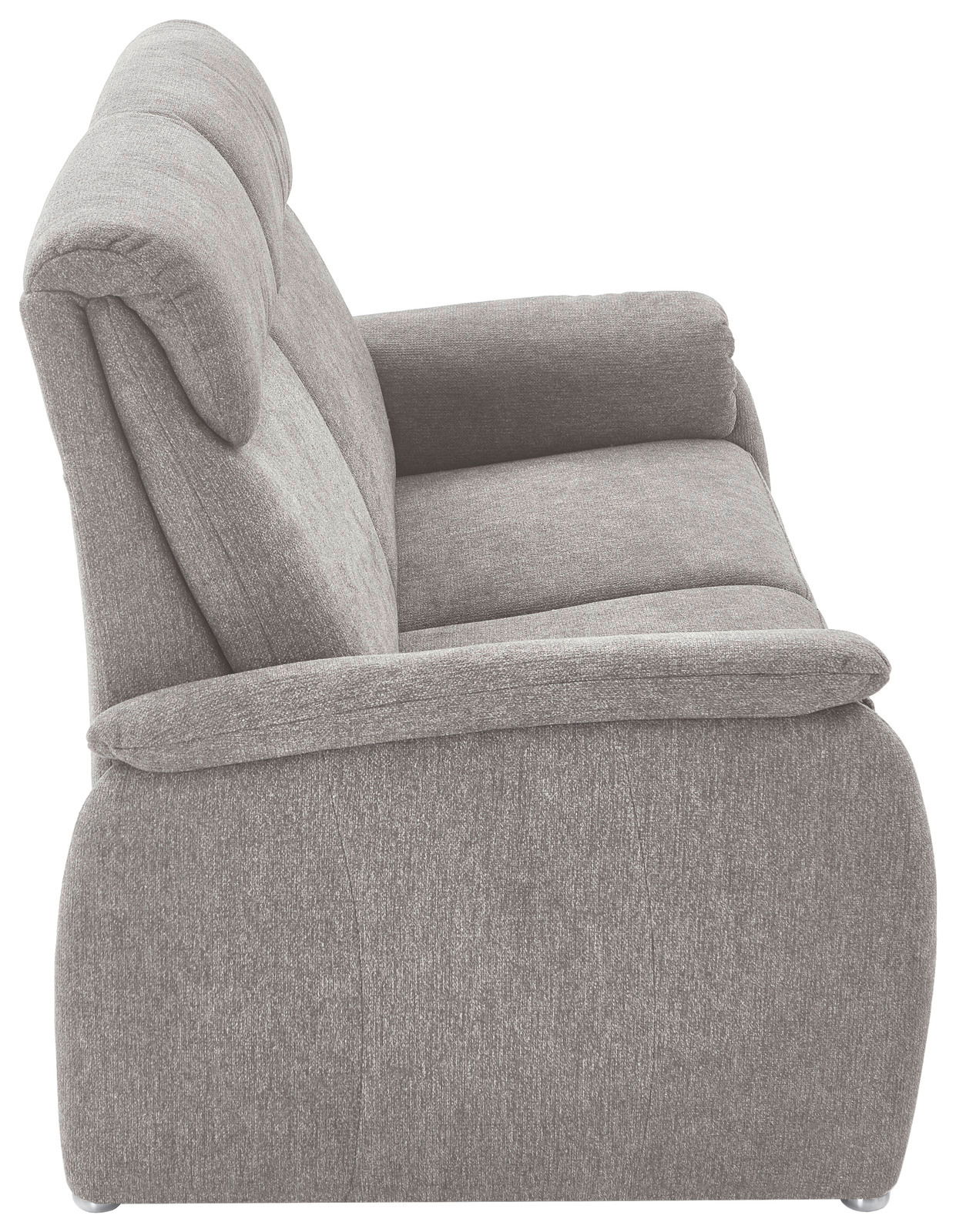 Seitenansicht eines grauen 2,5-Sitzer Sofas mit weicher Polsterung und abgerundeten Armlehnen.