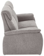 Seitenansicht eines grauen 2,5-Sitzer Sofas mit weicher Polsterung und abgerundeten Armlehnen.