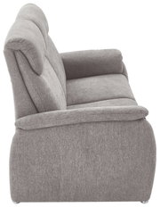 Seitenansicht eines grauen 2,5-Sitzer Sofas mit weicher Polsterung und abgerundeten Armlehnen.