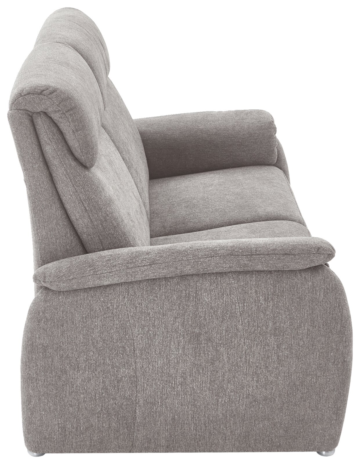 Seitenansicht eines grauen 2,5-Sitzer Sofas mit weicher Polsterung und abgerundeten Armlehnen.