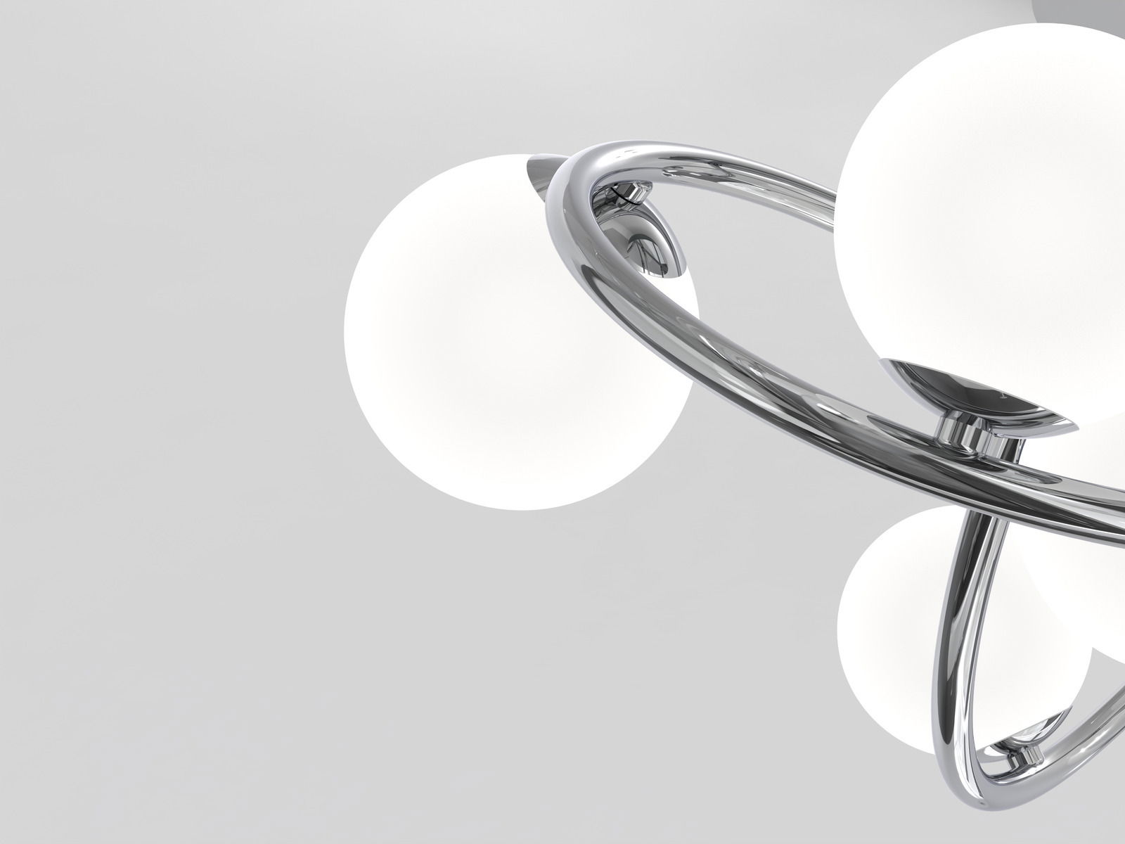 Moderne Deckenleuchte mit kugelförmigen weißen Lampenschirmen und glänzendem Chromgestell, seitliche Perspektive