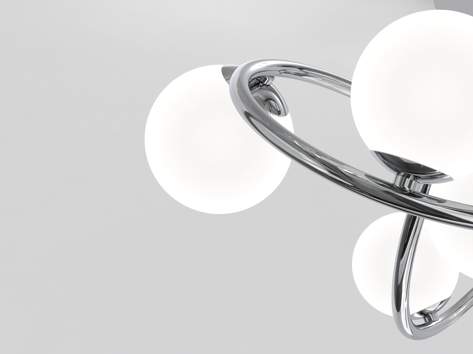 Moderne Deckenleuchte mit kugelförmigen weißen Lampenschirmen und glänzendem Chromgestell, seitliche Perspektive