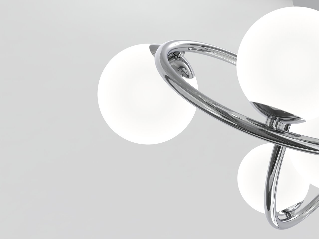 Moderne Deckenleuchte mit kugelförmigen weißen Lampenschirmen und glänzendem Chromgestell, seitliche Perspektive