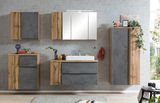 Badezimmermöbel-Set mit Midischrank in Holzoptik und grauen Fronten, frontal betrachtet