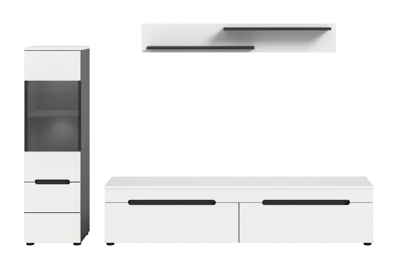 Modernes Wohnzimmermöbel-Set in Weiß mit schwarzen Griffleisten: links hohe Vitrine mit Glaseinsatz, rechts niedriges TV-Lowboard mit zwei Klappen sowie zwei schwebende Wandregale; Frontansicht auf weißem Hintergrund.