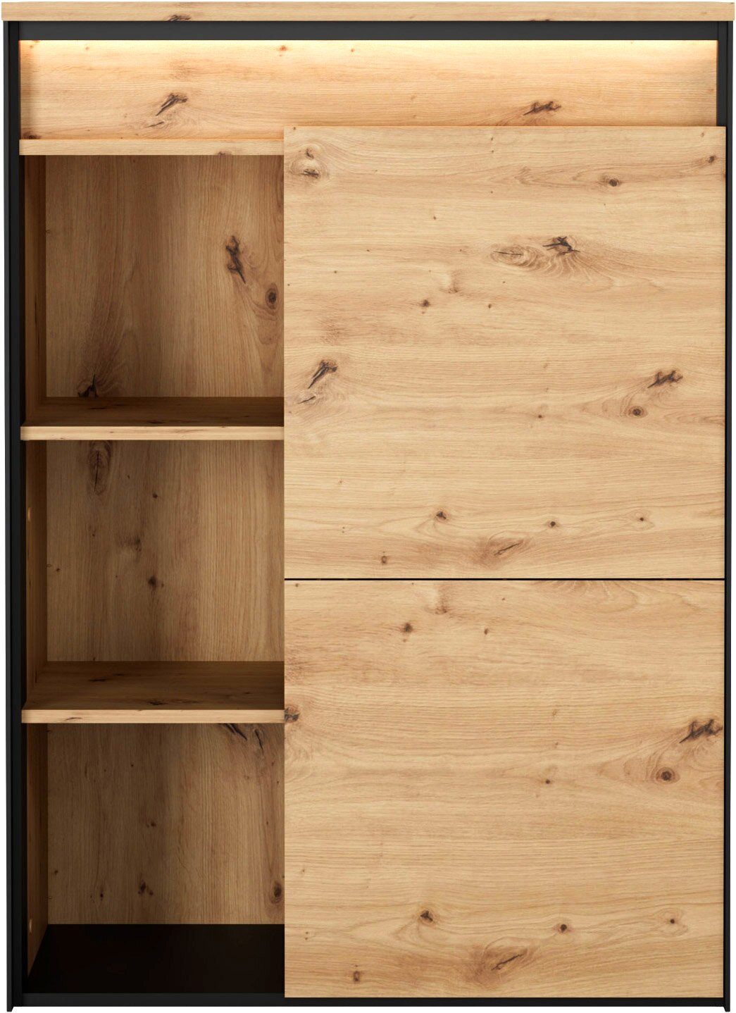 Moderner Hochschrank in natürlicher Holzoptik mit schwarzem Metallrahmen, drei offenen Regalfächern und zwei grifflosen Türen, frontal dargestellt