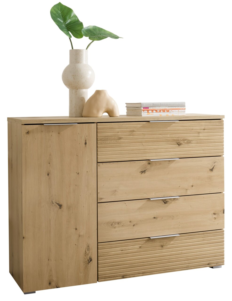 Z2 Ladekast SUTERA Kommode aus Holz mit drei Schubladen und einer Tür, dekoriert mit einer Vase und Büchern, frontal fotografiert