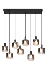 Moderne Hängeleuchte mit sieben rauchgrauen Glaskugeln, von unten betrachtet.