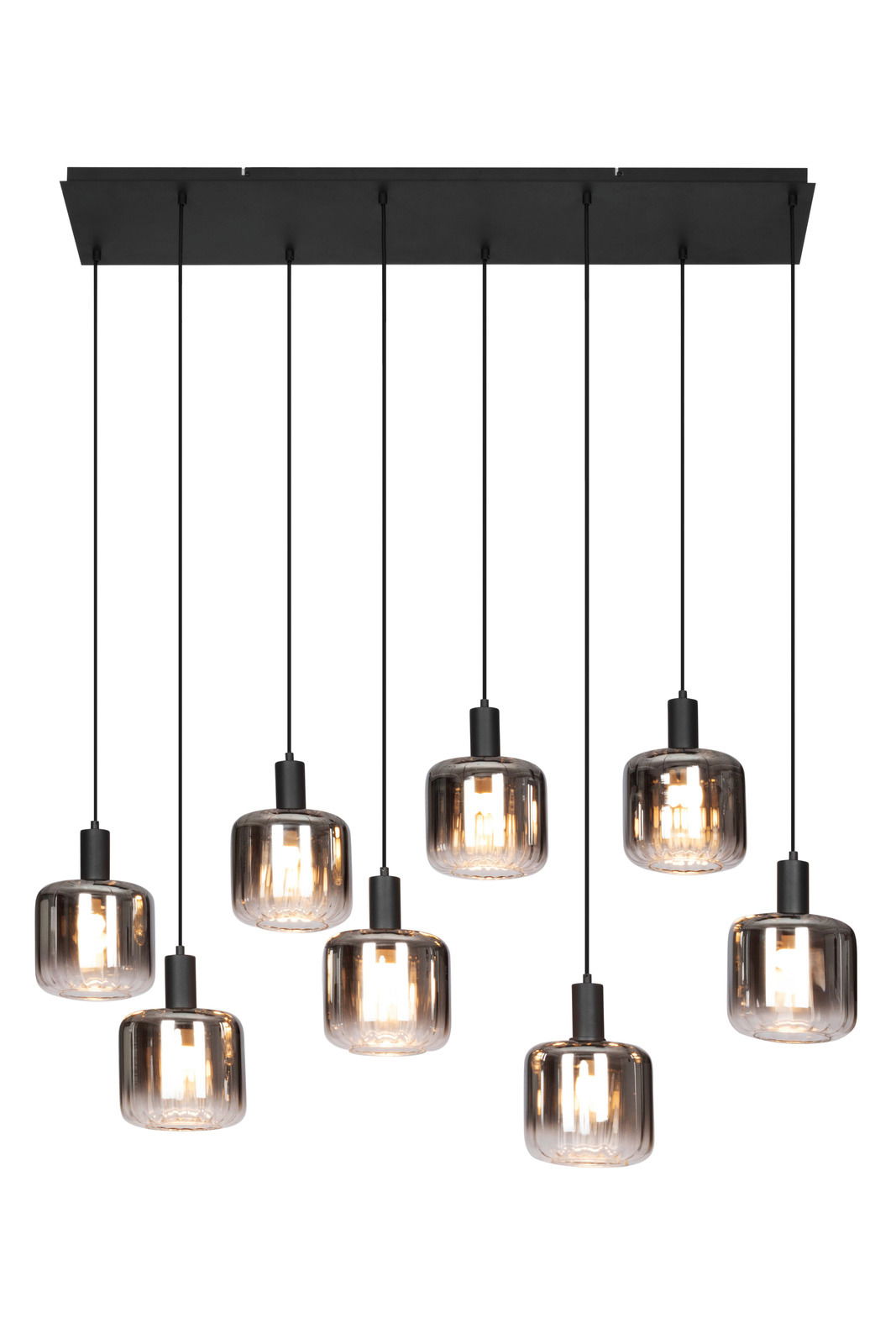 Moderne Hängeleuchte mit sieben rauchgrauen Glaskugeln, von unten betrachtet.