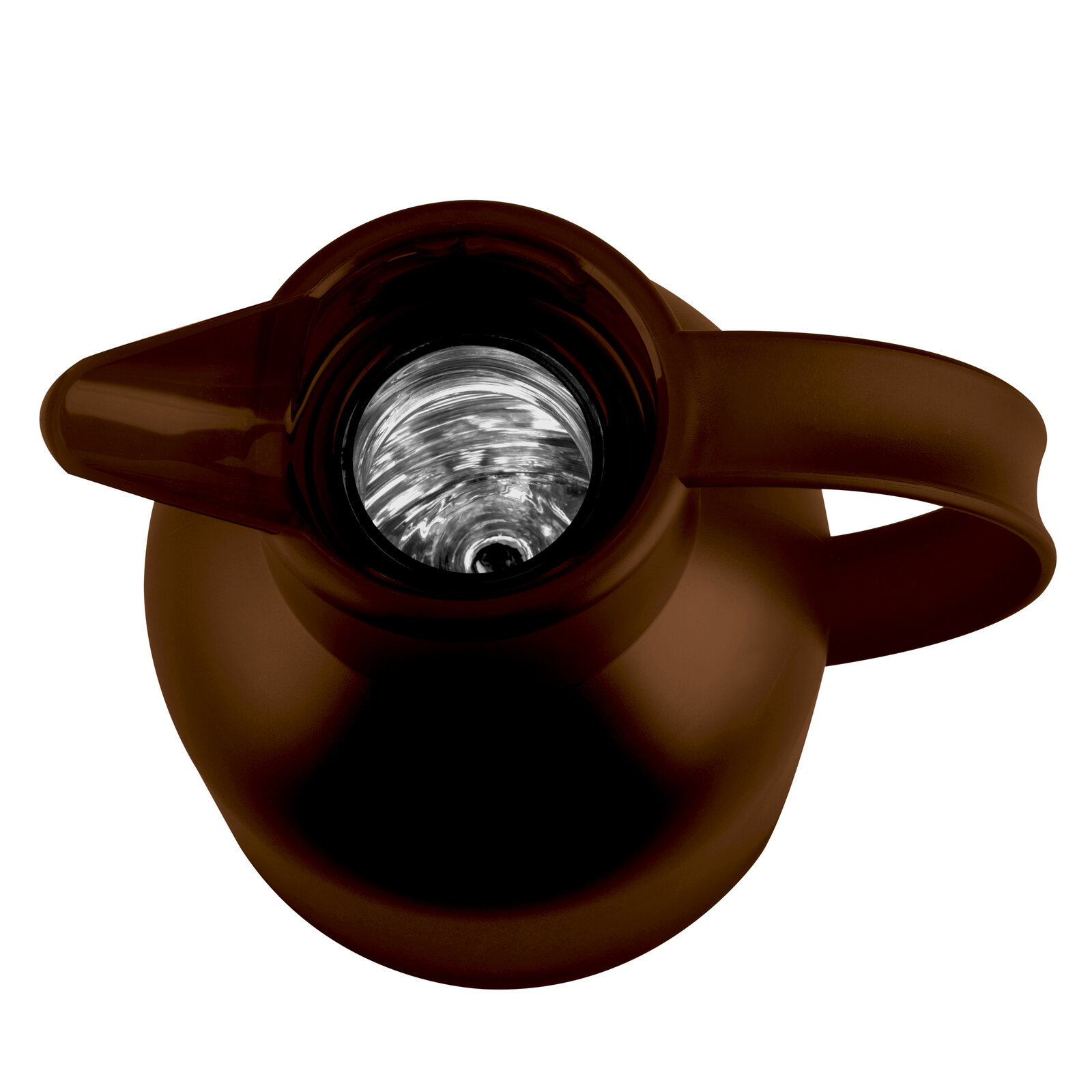 Braune Isolierkanne Samba QP 1,0l von oben betrachtet, mit sichtbarem Innenraum.