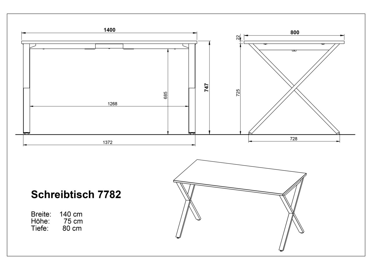 Technische Zeichnung des Schreibtischs 7782 mit Maßangaben (Breite 140 cm, Höhe 75 cm, Tiefe 80 cm), dargestellt in Front- und Seitenansicht sowie in schräger Perspektive.