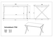 Technische Zeichnung des Schreibtischs 7782 mit Maßangaben (Breite 140 cm, Höhe 75 cm, Tiefe 80 cm), dargestellt in Front- und Seitenansicht sowie in schräger Perspektive.
