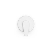 Ansicht von oben auf einen weißen Seifenspender mit rundem Design und einem Hebel.