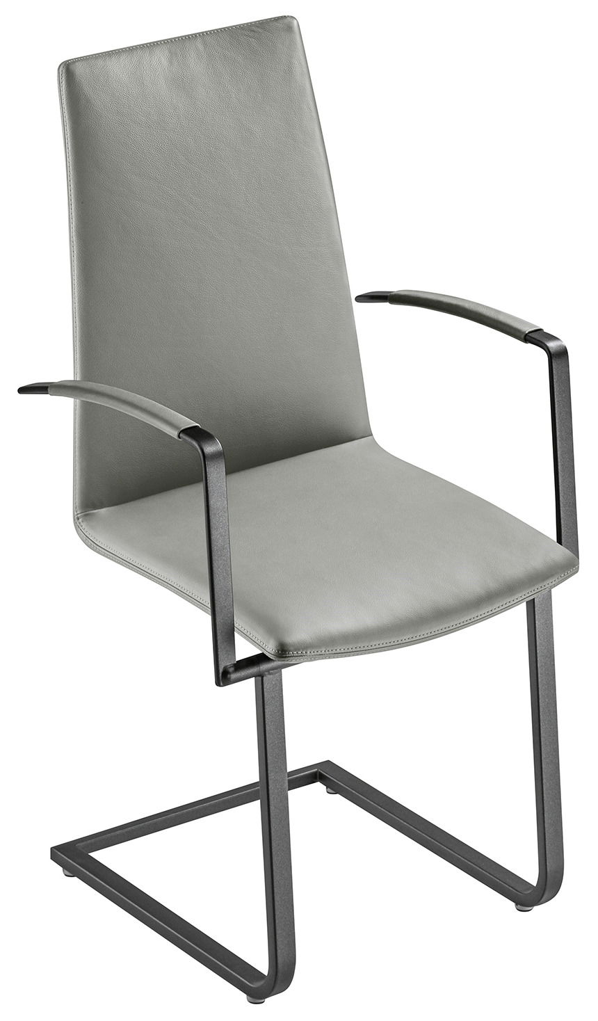 Bacher Sessel KAMA Moderner Sessel mit grauem Lederbezug und schwarzem Metallgestell, seitliche Perspektive