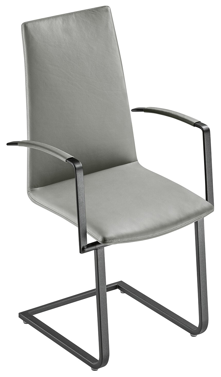 Bacher Sessel KAMA Moderner Sessel mit grauem Lederbezug und schwarzem Metallgestell, seitliche Perspektive