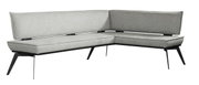 Graue Eckbank mit modernem Design und schwarzen Metallbeinen, seitliche Perspektive