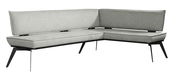 Graue Eckbank mit modernem Design und schwarzen Metallbeinen, seitliche Perspektive