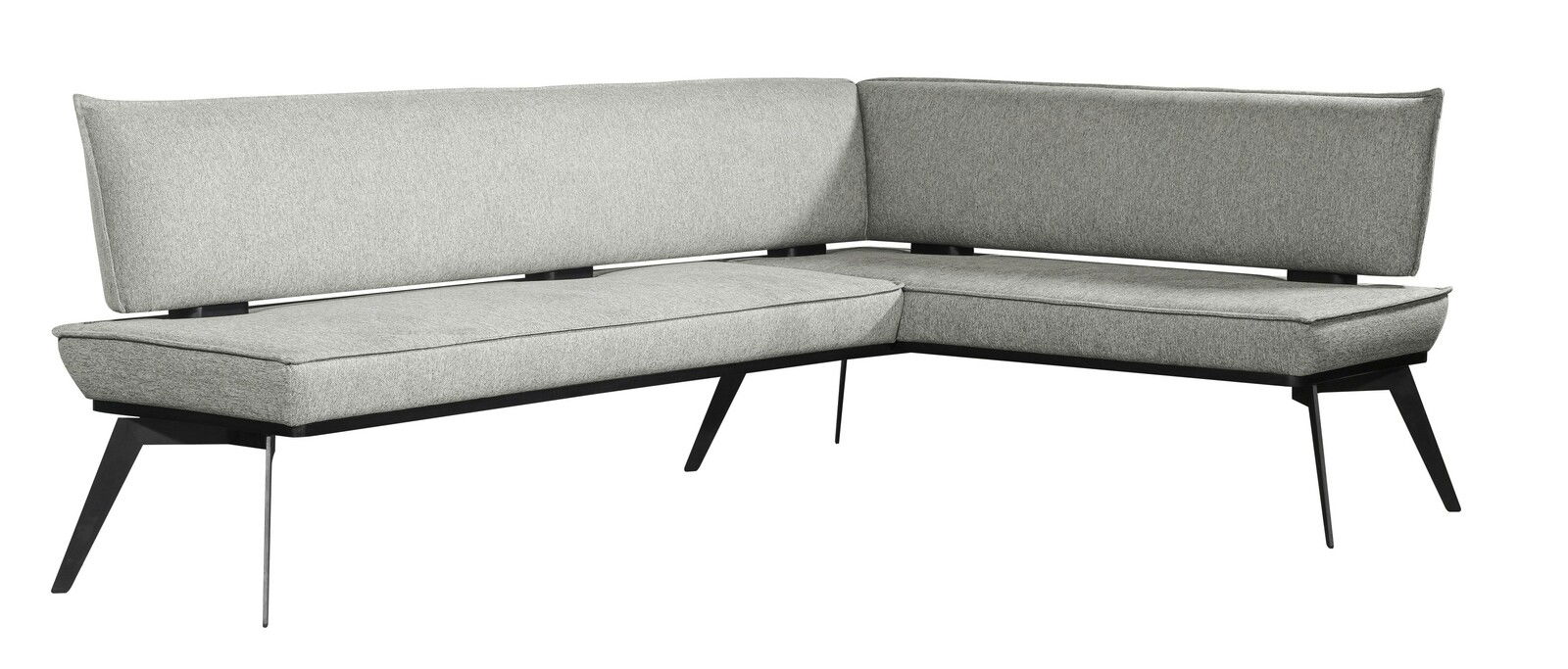 Graue Eckbank mit modernem Design und schwarzen Metallbeinen, seitliche Perspektive