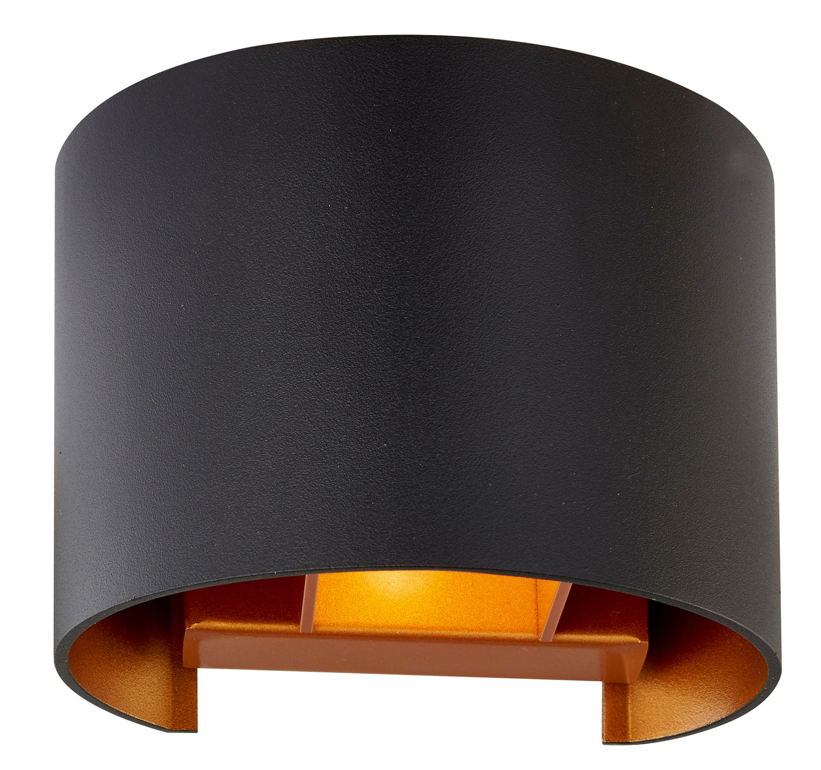 Moderne schwarze Wandleuchte mit goldener Innenseite, seitliche Perspektive