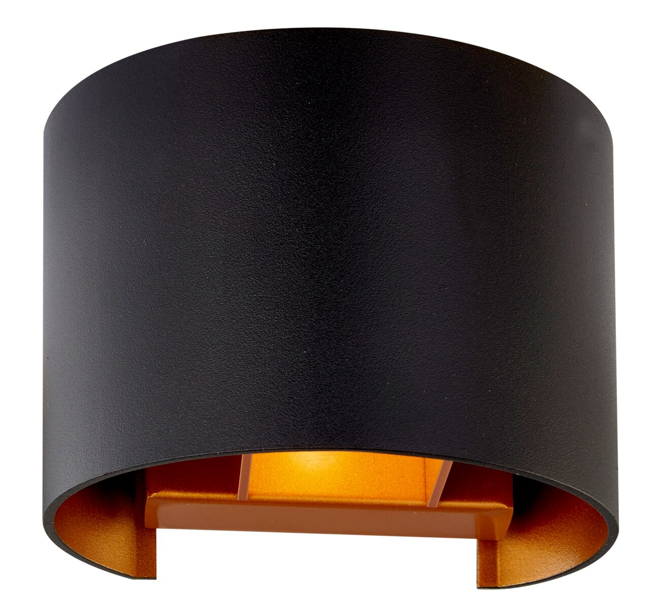 Moderne schwarze Wandleuchte mit goldener Innenseite, seitliche Perspektive