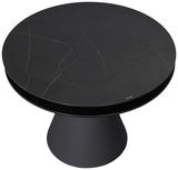 Runder Couchtisch mit schwarzer Marmoroptik, von oben betrachtet.