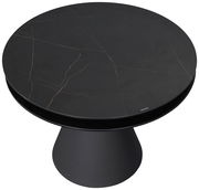 Runder Couchtisch mit schwarzer Marmoroptik, von oben betrachtet.