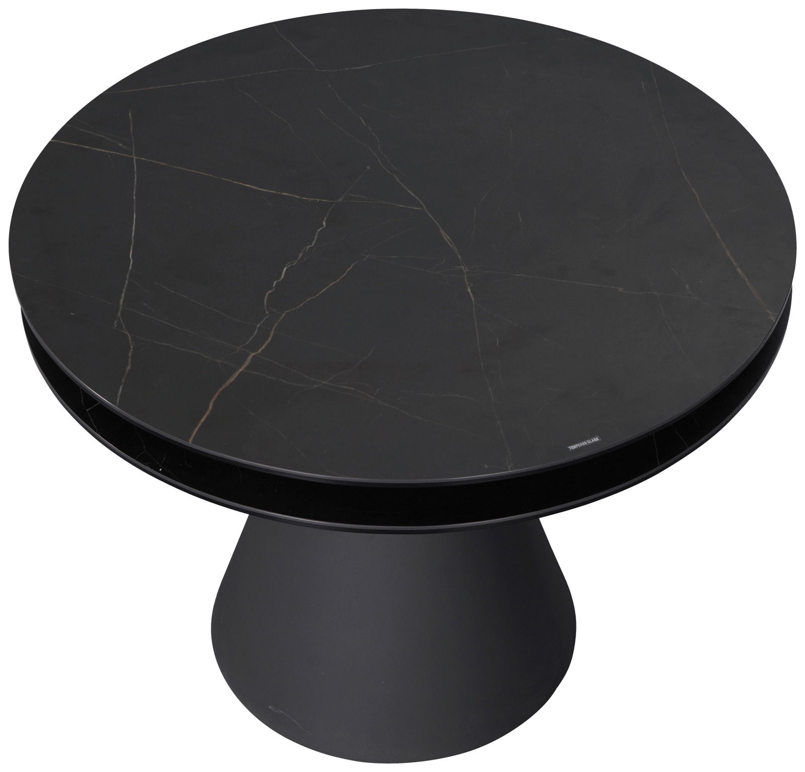 Runder Couchtisch mit schwarzer Marmoroptik, von oben betrachtet.