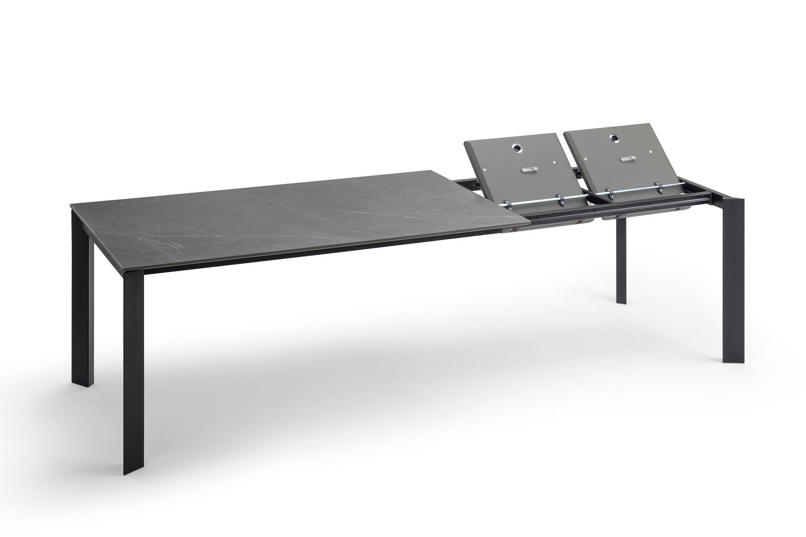Moderner Esstisch mit ausziehbarer Funktion, seitliche Perspektive