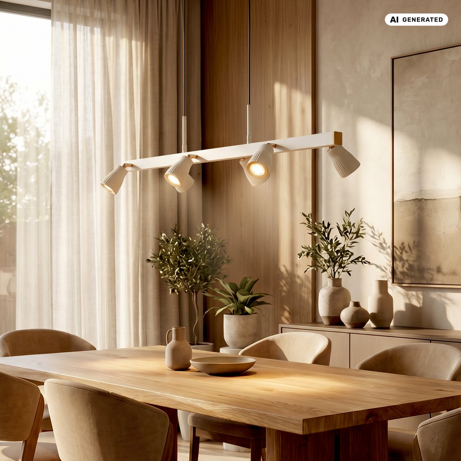 Moderne, lineare Pendelleuchte in Weiß mit vier verstellbaren Spotköpfen über einem Holzesstisch in einem hellen Esszimmer; Perspektive: leicht seitliche Ansicht auf Augenhöhe.