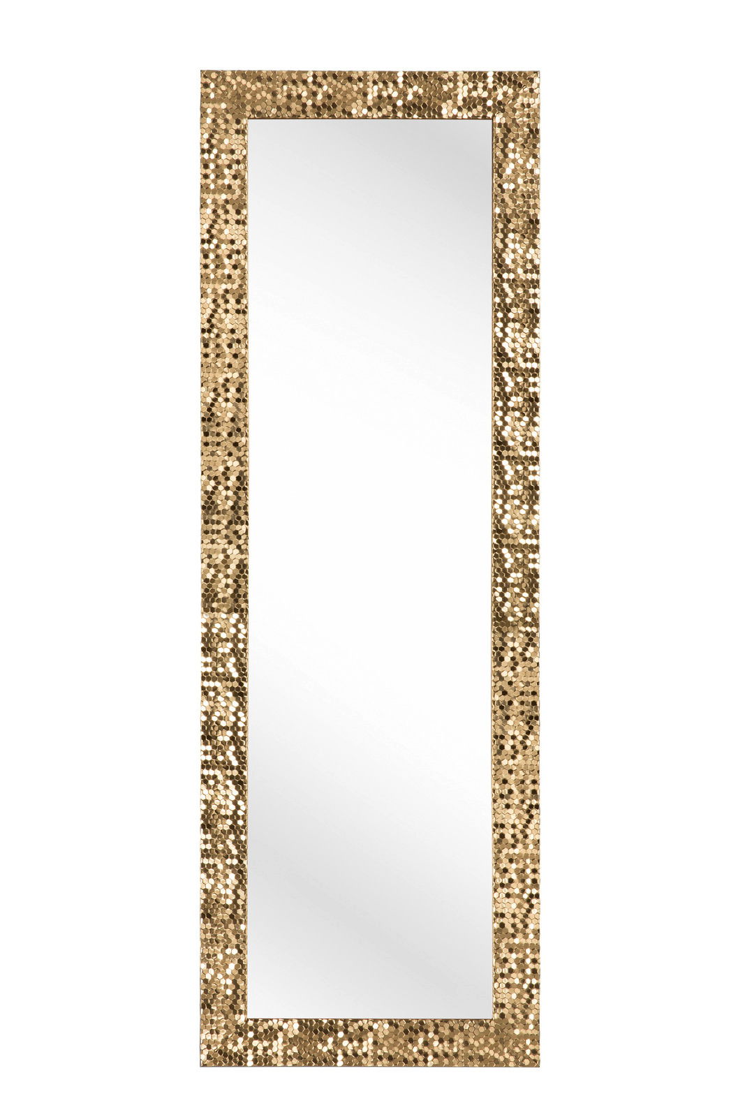 Rechteckiger Spiegel mit goldfarbenem, glitzerndem Rahmen, frontal abgebildet.