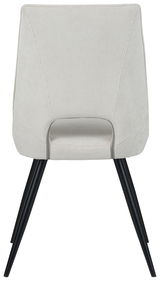 Rückansicht eines modernen Stuhls mit hellgrauem Stoffbezug und schwarzen Metallbeinen.