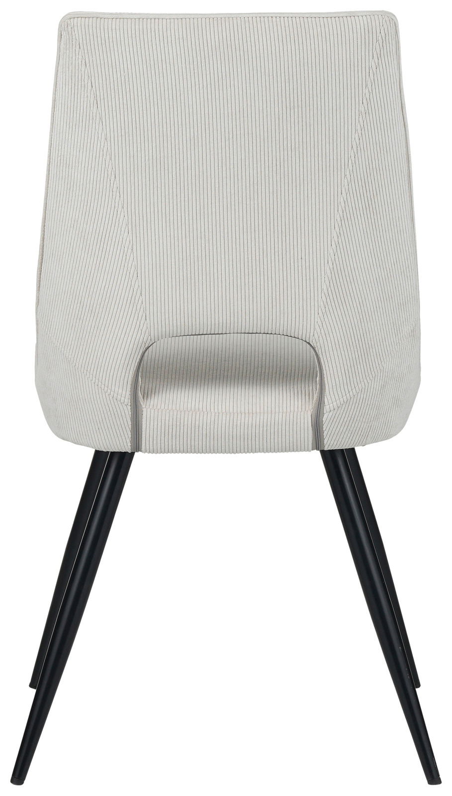 Z2 Stuhl ISAK Rückansicht eines modernen Stuhls mit hellgrauem Stoffbezug und schwarzen Metallbeinen.