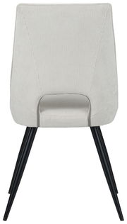 Rückansicht eines modernen Stuhls mit hellgrauem Stoffbezug und schwarzen Metallbeinen.