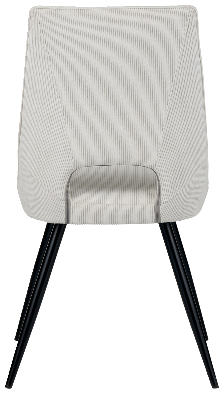 Z2 Stuhl ISAK Rückansicht eines modernen Stuhls mit hellgrauem Stoffbezug und schwarzen Metallbeinen.
