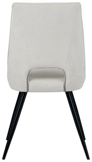 Rückansicht eines modernen Stuhls mit hellgrauem Stoffbezug und schwarzen Metallbeinen.