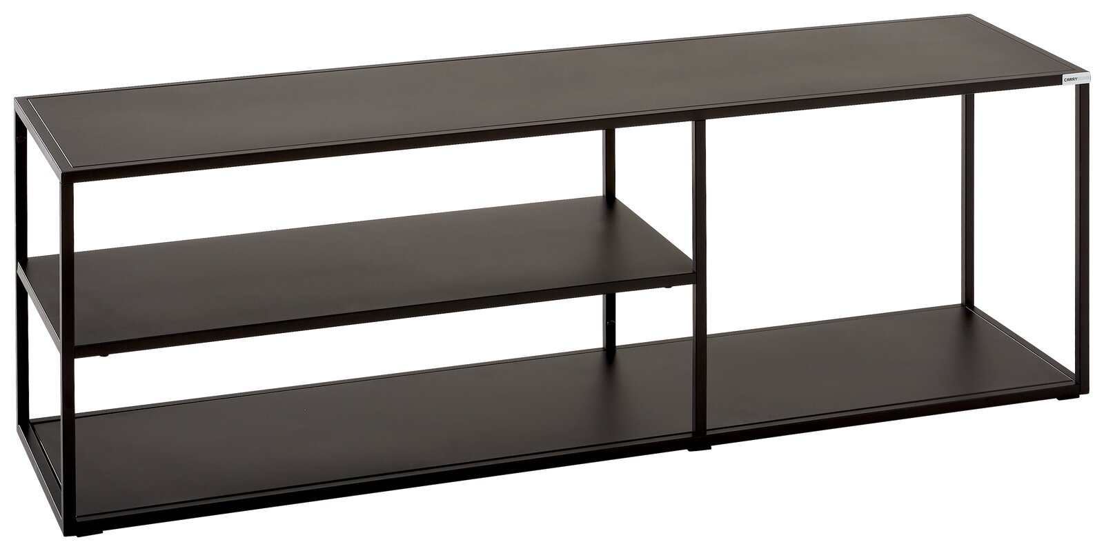 Schwarzes TV-Regalelement mit drei Ebenen, seitliche Perspektive