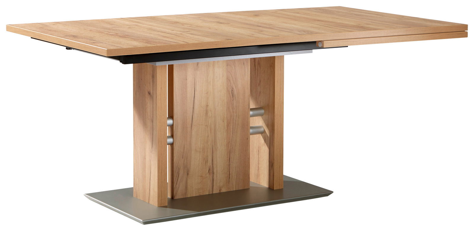 Moderner Esstisch aus Holz mit rechteckiger Tischplatte und stabiler Mittelsäule, seitliche Perspektive