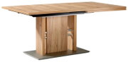 Moderne houten eettafel met rechthoekig tafelblad en stevige middenpoot, zijaanzicht