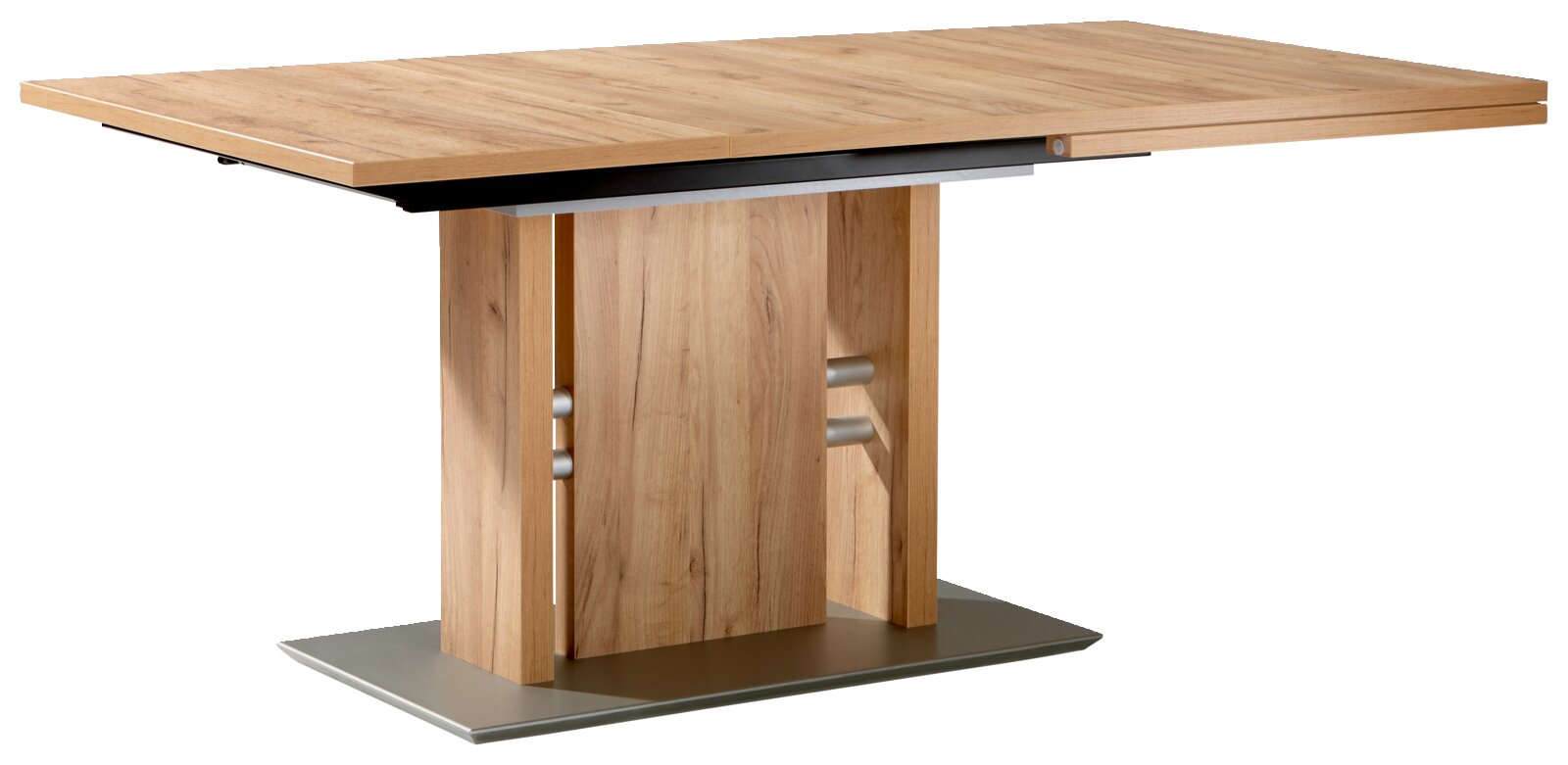 Moderne houten eettafel met rechthoekig tafelblad en stevige middenpoot, zijaanzicht