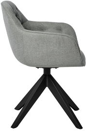 Grauer Stuhl mit gepolsterter Sitzfläche und schwarzem Metallgestell, Seitenansicht