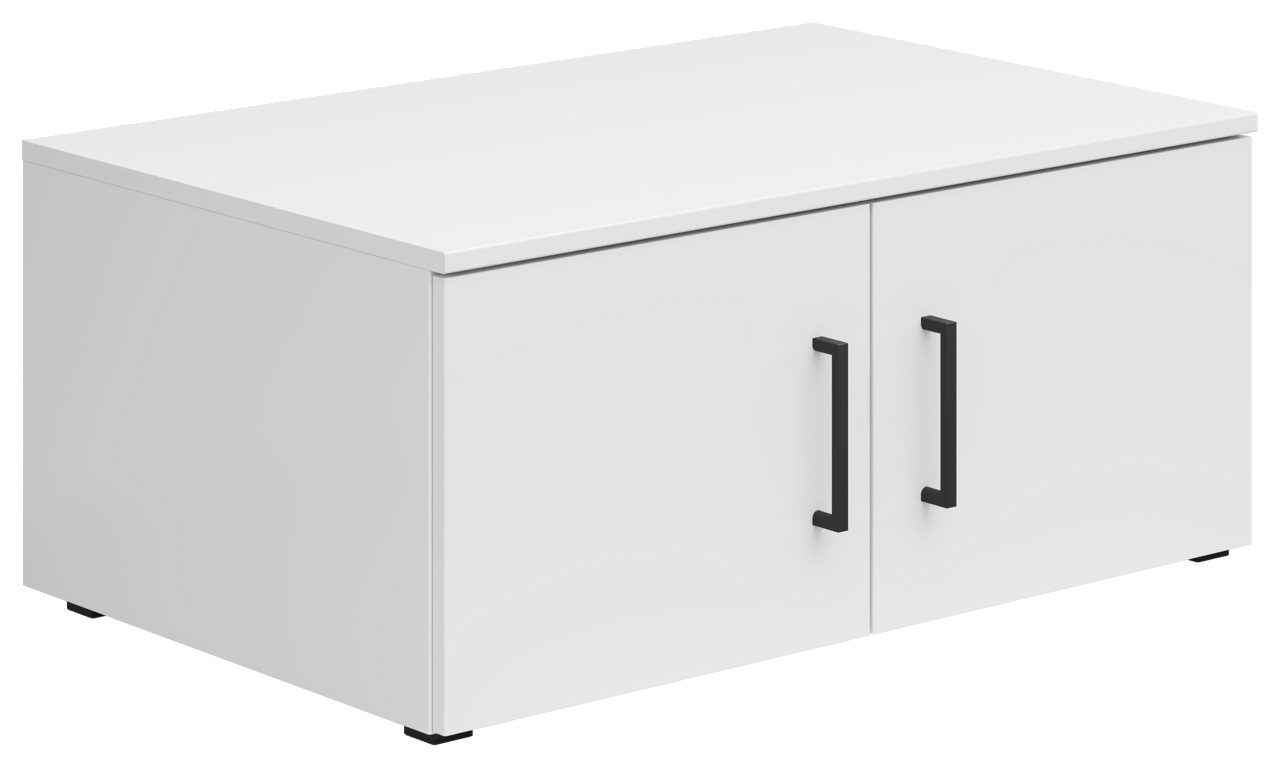 Carryhome Aufsatzschrank MULTISTAURAUM Weißer Aufsatzschrank mit zwei Türen und schwarzen Griffen, perspektivisch von vorne links betrachtet.