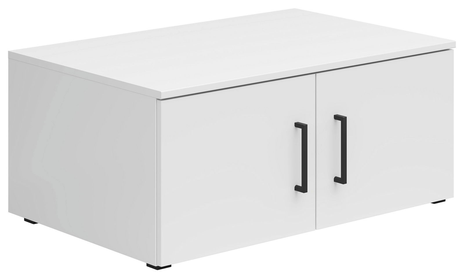 Carryhome Aufsatzschrank MULTISTAURAUM Weißer Aufsatzschrank mit zwei Türen und schwarzen Griffen, perspektivisch von vorne links betrachtet.