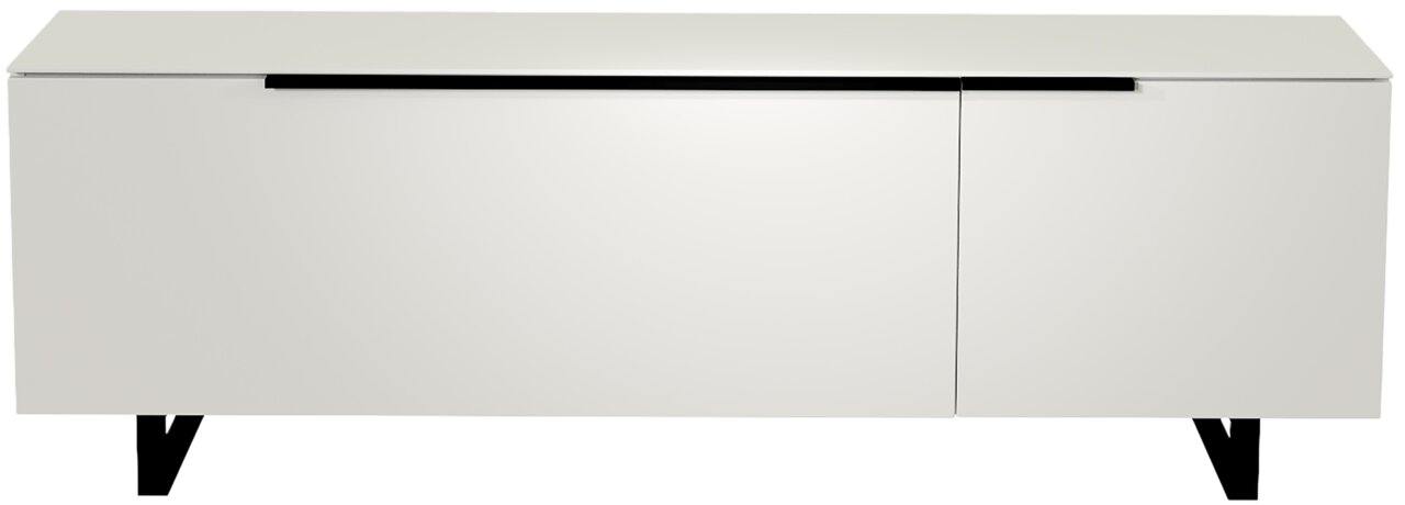 Modernes weißes TV-Lowboard mit schwarzen Beinen, Frontalansicht