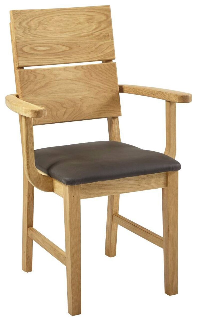 Holzstuhl mit Armlehnen und gepolstertem Sitz, seitliche Perspektive