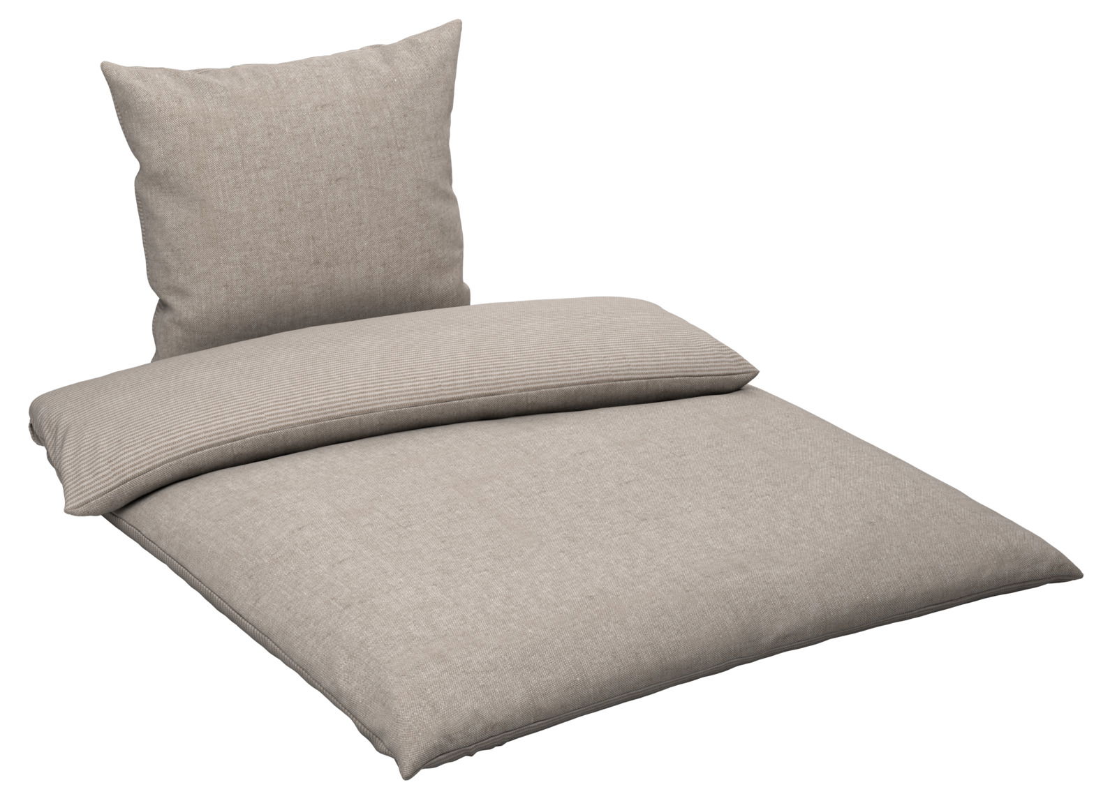Beige Wendebettwäsche-Set mit Kissen und Decke, seitliche Perspektive