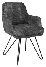 Grauer Armlehnstuhl mit schwarzem Metallgestell, seitliche Perspektive