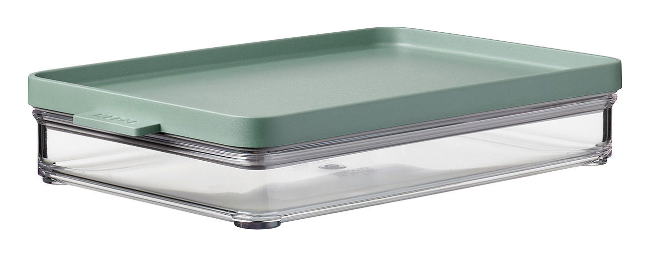 Rechteckige Aufschnittdose mit grünem Deckel und transparentem Boden, seitliche Perspektive