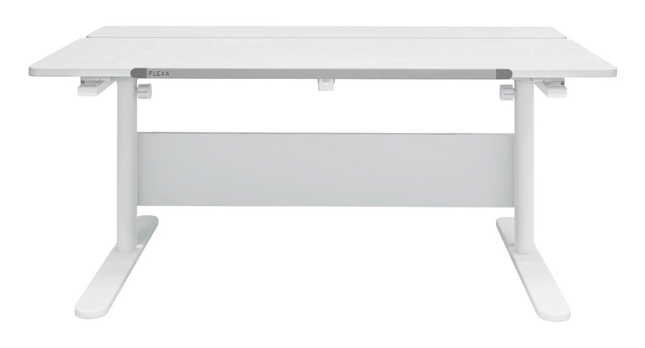 Moderner weißer Schreibtisch mit höhenverstellbaren Beinen, Frontansicht